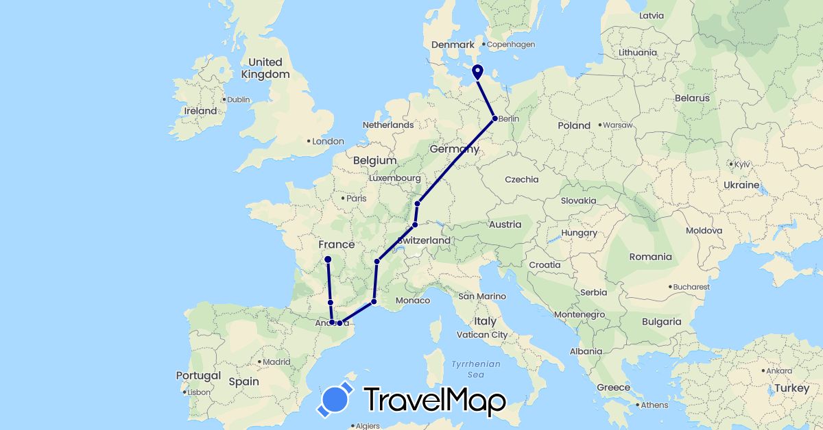 TravelMap itinerary: driving in Andorra, Switzerland, Germany, France (Europe)